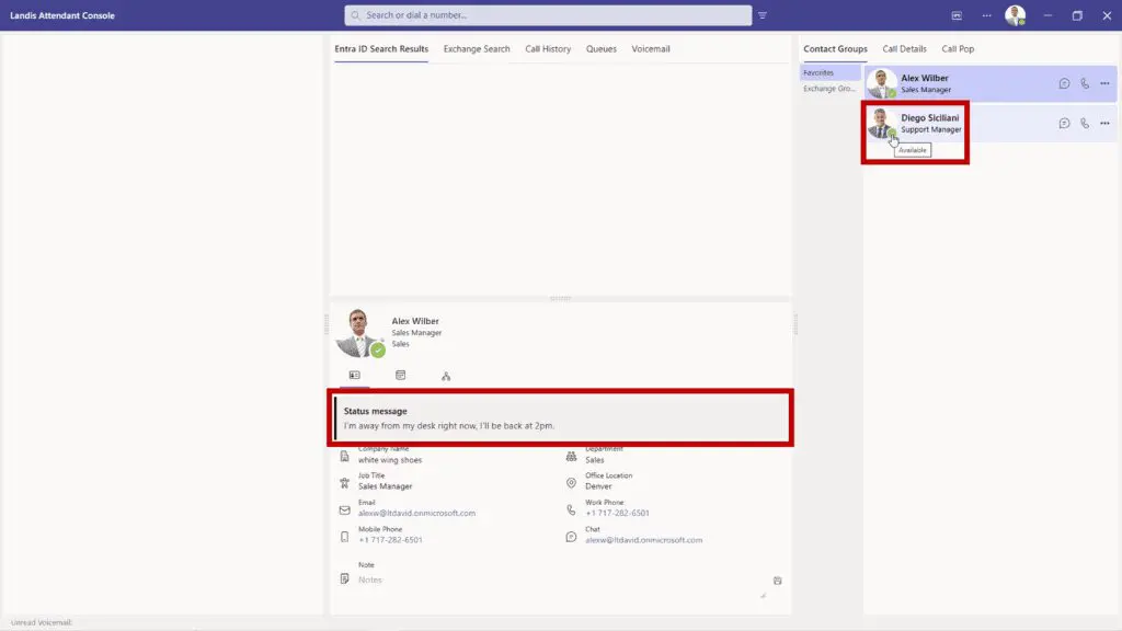 teams presence icon with text as well as custom status message in contact card