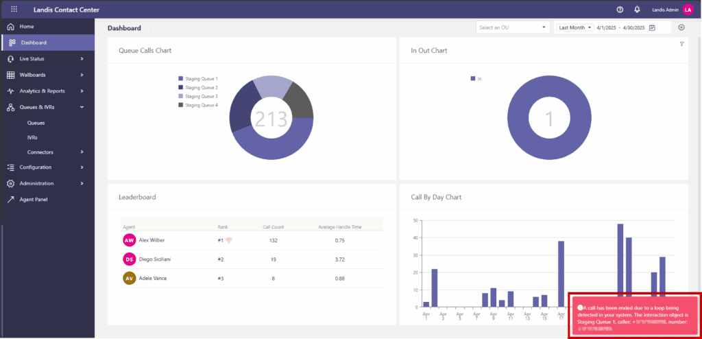 Call loop notifications in the Landis Contact Center portal. Email notifications will still happen in addition. 