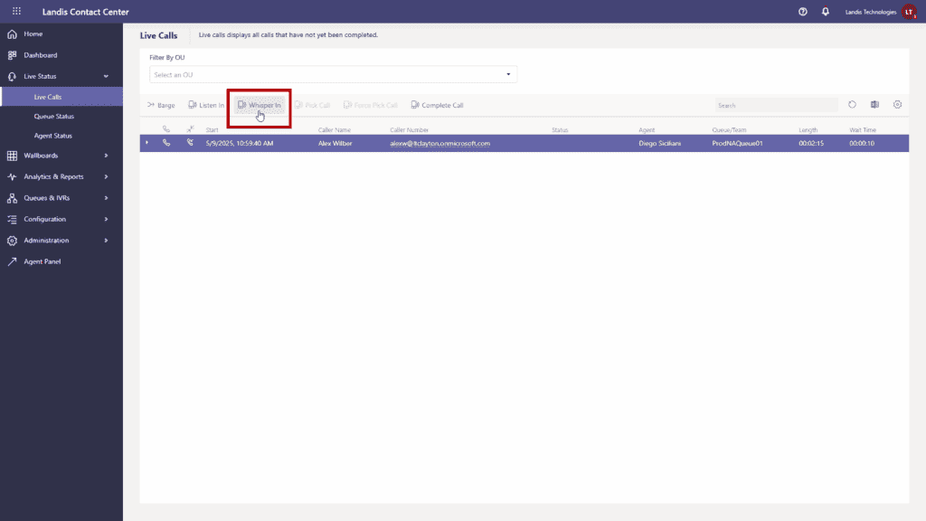 Landis contact center whisper-in button