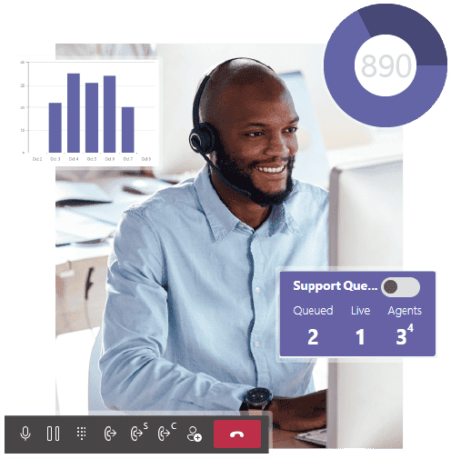 1. Customer support agent with headset at computer for IT solutions and tech support services.