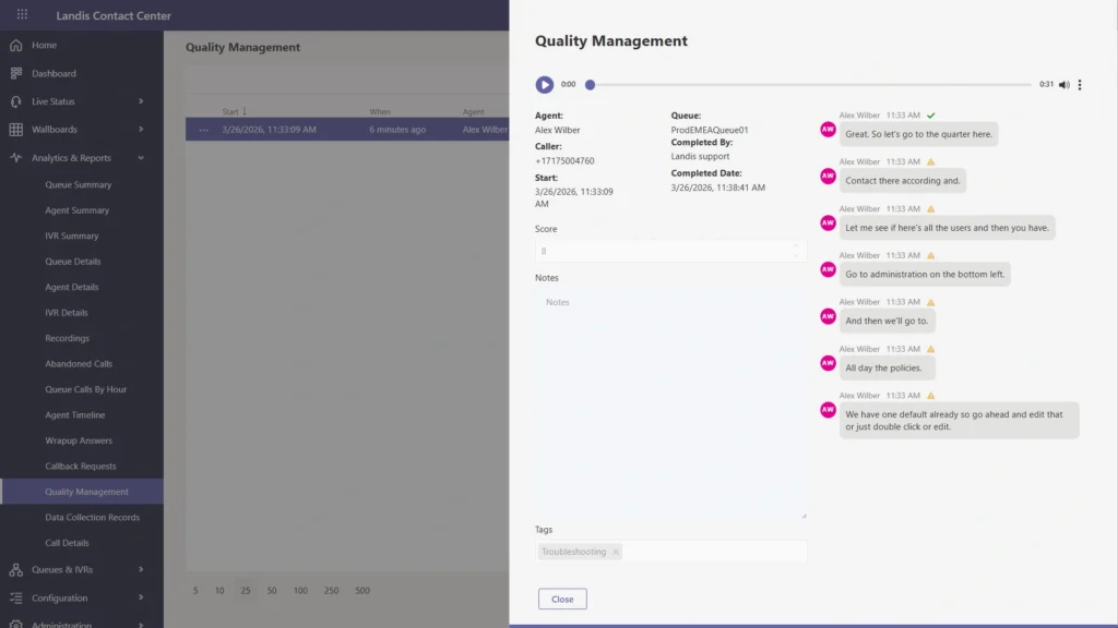 Landis contact center quality management