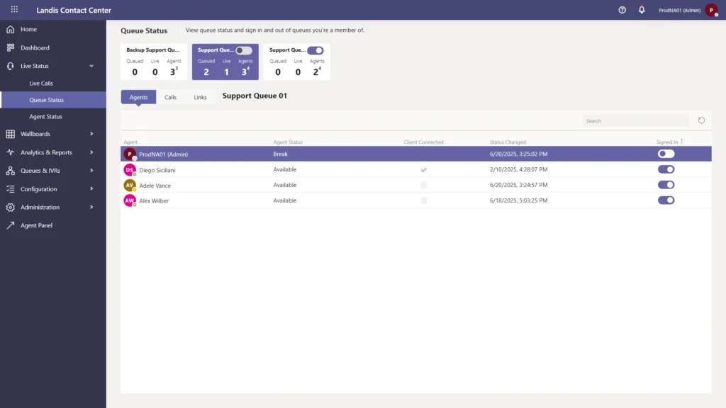 Landis contact center queue status page