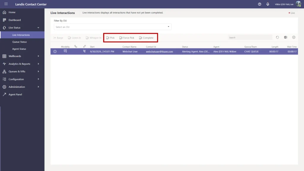 Chat admin actions include pick, force pick, and complete.
