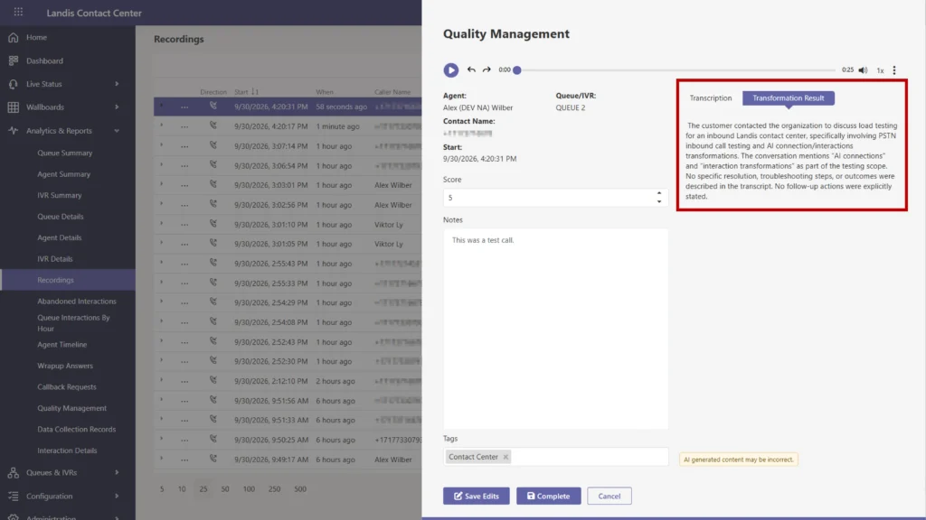 AI generated call summaries appear in the quality management pane.